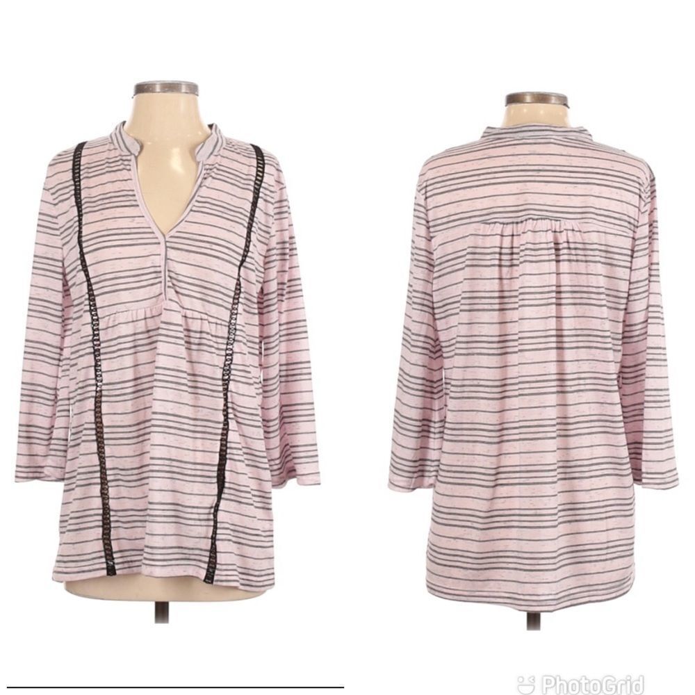 SUZANNE BETRO Striped Bell Sleeve Blouse Top Lightweight Pink Black Small